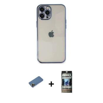 MARSİLYAN™- iPhone 12 Pro Kılıf Vadi Minimal - Siyah 34D Hayalet Izgaralı Cam + Shine Kamera Lens Koruma Cam - GD