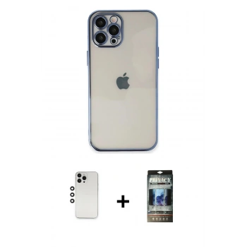 MARSİLYAN™- iPhone 12 Pro Kılıf Vadi Minimal - Siyah 34D Hayalet Izgaralı Cam + Shine Kamera Lens - GS