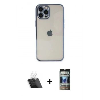 MARSİLYAN™- iPhone 12 Pro Kılıf Vadi Minimal - Siyah 34D Hayalet Izgaralı Cam + Kamera Lens Koruma Cam - SF