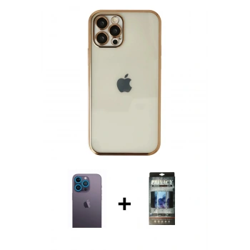 MARSİLYAN™- iPhone 12 Pro Kılıf Vadi Minimal - Siyah 34D Hayalet Izgaralı Cam + Neon Fosforlu Kamera Lens - MI