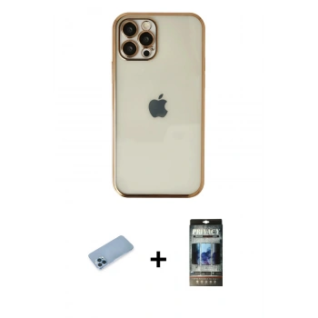 MARSİLYAN™- iPhone 12 Pro Kılıf Vadi Minimal - Siyah 34D Hayalet Izgaralı Cam + Shine Kamera Lens Koruma Cam - MI