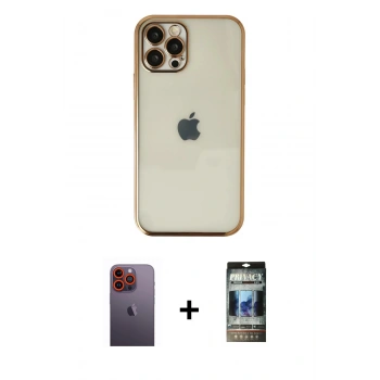 MARSİLYAN™- iPhone 12 Pro Kılıf Vadi Minimal - Siyah 34D Hayalet Izgaralı Cam + Neon Fosforlu Kamera Lens - TU