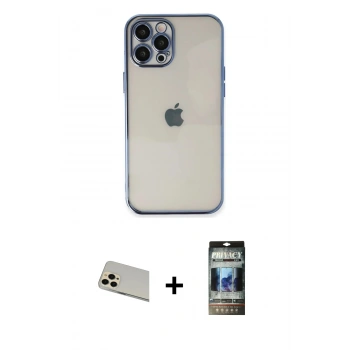 MARSİLYAN™- iPhone 12 Pro Kılıf Vadi Minimal - Siyah 34D Hayalet Izgaralı Cam + Rainbow Kamera Lens Koruma Cam - GD
