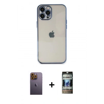 MARSİLYAN™- iPhone 12 Pro Kılıf Vadi Minimal - Siyah 34D Hayalet Izgaralı Cam + Neon Fosforlu Kamera Lens - SI