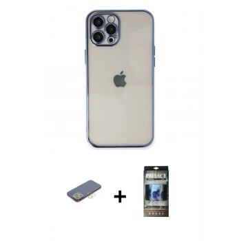 MARSİLYAN™- iPhone 12 Pro Kılıf Vadi Minimal - Siyah 34D Hayalet Izgaralı Cam + Renkli Kamera Lens Koruma Cam - SI
