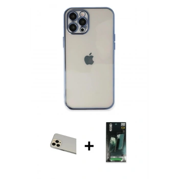 MARSİLYAN™- iPhone 12 Pro Kılıf Vadi Minimal - Siyah 360 Mat Full Body Arka Koruyucu + Rainbow Kamera Lens Koruma Cam - GD