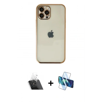 MARSİLYAN™- iPhone 12 Pro Kılıf Vadi Minimal - Siyah 3D Antistatik Cam Ekran Koruyucu + Kamera Lens Koruma Cam - SF