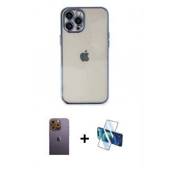 MARSİLYAN™- iPhone 12 Pro Kılıf Vadi Minimal - Siyah 3D Antistatik Cam Ekran Koruyucu + Neon Fosforlu Kamera Lens - SI