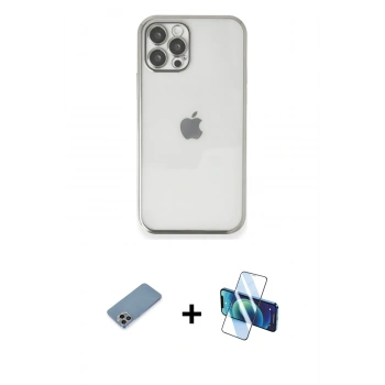 MARSİLYAN™- iPhone 12 Pro Kılıf Vadi Minimal - Siyah 3D Antistatik Cam Ekran Koruyucu + Shine Kamera Lens Koruma Cam - GI