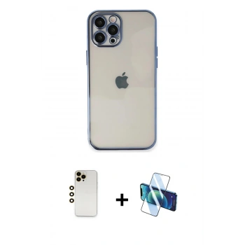 MARSİLYAN™- iPhone 12 Pro Kılıf Vadi Minimal - Siyah 3D Antistatik Cam Ekran Koruyucu + Shine Kamera Lens - GD