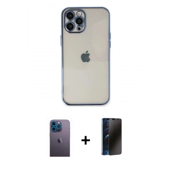 MARSİLYAN™- iPhone 12 Pro Kılıf Vadi Minimal - Siyah 3D Antistatik Hayalet Cam Ekran Koruyucu + Neon Fosforlu Kamera Lens - MI