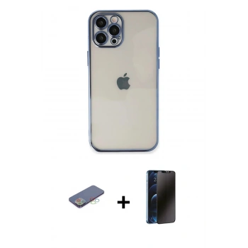 MARSİLYAN™- iPhone 12 Pro Kılıf Vadi Minimal - Siyah 3D Antistatik Hayalet Cam Ekran Koruyucu + Renkli Kamera Lens Koruma Cam - MI