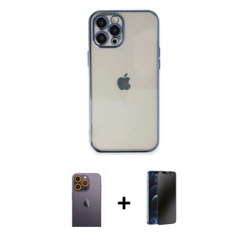 MARSİLYAN™- iPhone 12 Pro Kılıf Vadi Minimal - Siyah 3D Antistatik Hayalet Cam Ekran Koruyucu + Neon Fosforlu Kamera Lens - SI