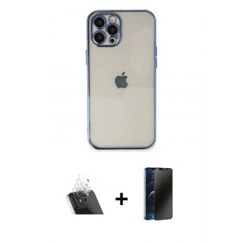 MARSİLYAN™- iPhone 12 Pro Kılıf Vadi Minimal - Siyah 3D Antistatik Hayalet Cam Ekran Koruyucu + Kamera Lens Koruma Cam - SF