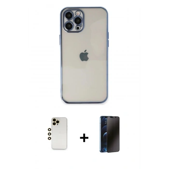 MARSİLYAN™- iPhone 12 Pro Kılıf Vadi Minimal - Siyah 3D Antistatik Hayalet Cam Ekran Koruyucu + Shine Kamera Lens - GD
