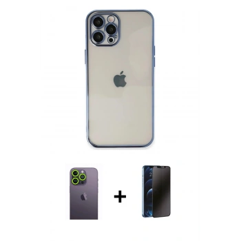 MARSİLYAN™- iPhone 12 Pro Kılıf Vadi Minimal - Siyah 3D Antistatik Hayalet Cam Ekran Koruyucu + Neon Fosforlu Kamera Lens - YL