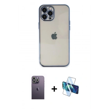 MARSİLYAN™- iPhone 12 Pro Kılıf Vadi Minimal - Siyah 3D Antistatik Seramik Nano Ekran Koruyucu + Neon Fosforlu Kamera Lens - BZ