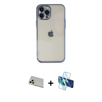 MARSİLYAN™- iPhone 12 Pro Kılıf Vadi Minimal - Siyah 3D Antistatik Seramik Nano Ekran Koruyucu + Rainbow Kamera Lens Koruma Cam - GD