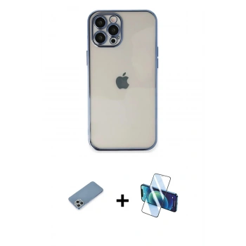 MARSİLYAN™- iPhone 12 Pro Kılıf Vadi Minimal - Siyah 3D Antistatik Seramik Nano Ekran Koruyucu + Shine Kamera Lens Koruma Cam - GS