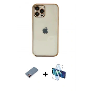 MARSİLYAN™- iPhone 12 Pro Kılıf Vadi Minimal - Siyah 3D Antistatik Seramik Nano Ekran Koruyucu + Metal Kamera Lens Koruma Cam - KI