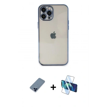 MARSİLYAN™- iPhone 12 Pro Kılıf Vadi Minimal - Siyah 3D Antistatik Seramik Nano Ekran Koruyucu + Metal Kamera Lens Koruma Cam - MI