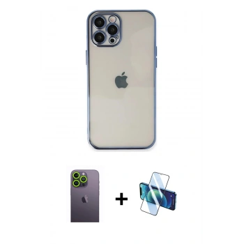 MARSİLYAN™- iPhone 12 Pro Kılıf Vadi Minimal - Siyah 3D Antistatik Seramik Nano Ekran Koruyucu + Neon Fosforlu Kamera Lens - YL