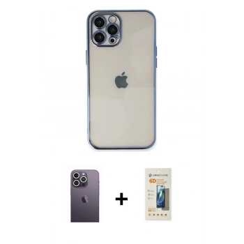 MARSİLYAN™- iPhone 12 Pro Kılıf Vadi Minimal - Siyah 6D Mat Seramik Hayalet Nano Ekran Koruyucu + Neon Fosforlu Kamera Lens - BZ