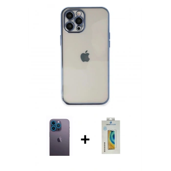 MARSİLYAN™- iPhone 12 Pro Kılıf Vadi Minimal - Siyah Polymer Nano Ekran Koruyucu + Neon Fosforlu Kamera Lens - MI
