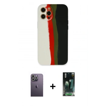 MARSİLYAN™- iPhone 12 Pro Kılıf Yadigar Çizgi - Şeffaf 360 Full Body Arka Koruyucu + Neon Fosforlu Kamera Lens - BZ