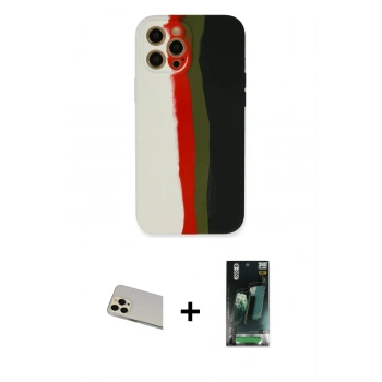 MARSİLYAN™- iPhone 12 Pro Kılıf Yadigar Çizgi - Şeffaf 360 Full Body Arka Koruyucu + Rainbow Kamera Lens Koruma Cam - GD