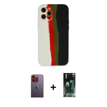 MARSİLYAN™- iPhone 12 Pro Kılıf Yadigar Çizgi - Şeffaf 360 Full Body Arka Koruyucu + Neon Fosforlu Kamera Lens - TU