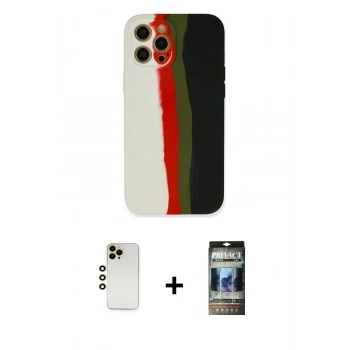 MARSİLYAN™- iPhone 12 Pro Kılıf Yadigar Çizgi - Siyah 34D Hayalet Izgaralı Cam + Shine Kamera Lens - GD