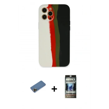 MARSİLYAN™- iPhone 12 Pro Kılıf Yadigar Çizgi - Siyah 34D Hayalet Izgaralı Cam + Shine Kamera Lens Koruma Cam - GD