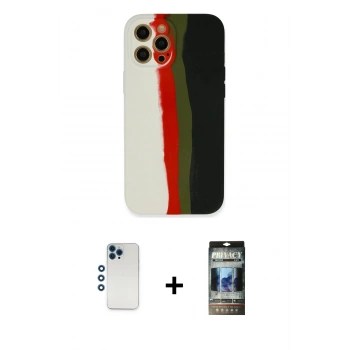 MARSİLYAN™- iPhone 12 Pro Kılıf Yadigar Çizgi - Siyah 34D Hayalet Izgaralı Cam + Shine Kamera Lens - MI