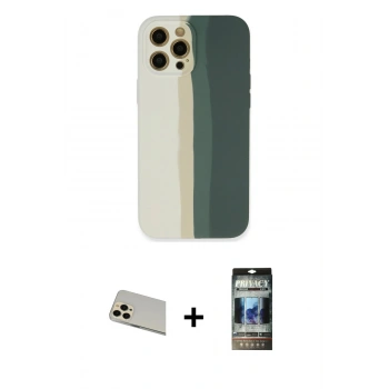MARSİLYAN™- iPhone 12 Pro Kılıf Yadigar Çizgi - Siyah 34D Hayalet Izgaralı Cam + Rainbow Kamera Lens Koruma Cam - GD