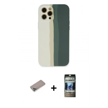 MARSİLYAN™- iPhone 12 Pro Kılıf Yadigar Çizgi - Siyah 34D Hayalet Izgaralı Cam + Shine Kamera Lens Koruma Cam - SABE