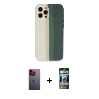 MARSİLYAN™- iPhone 12 Pro Kılıf Yadigar Çizgi - Siyah 34D Hayalet Izgaralı Cam + Neon Fosforlu Kamera Lens - TU