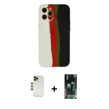 MARSİLYAN™- iPhone 12 Pro Kılıf Yadigar Çizgi - Siyah 360 Mat Full Body Arka Koruyucu + Shine Kamera Lens - GD