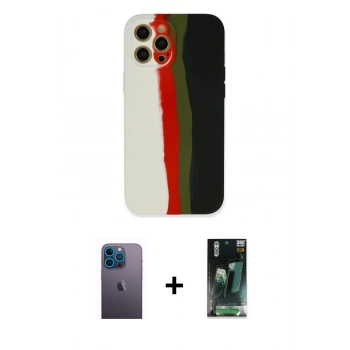MARSİLYAN™- iPhone 12 Pro Kılıf Yadigar Çizgi - Siyah 360 Mat Full Body Arka Koruyucu + Neon Fosforlu Kamera Lens - MI