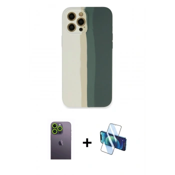 MARSİLYAN™- iPhone 12 Pro Kılıf Yadigar Çizgi - Siyah 3D Antistatik Cam Ekran Koruyucu + Neon Fosforlu Kamera Lens - YL