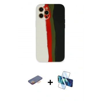 MARSİLYAN™- iPhone 12 Pro Kılıf Yadigar Çizgi - Siyah 3D Antistatik Cam Ekran Koruyucu + Renkli Kamera Lens Koruma Cam - TU