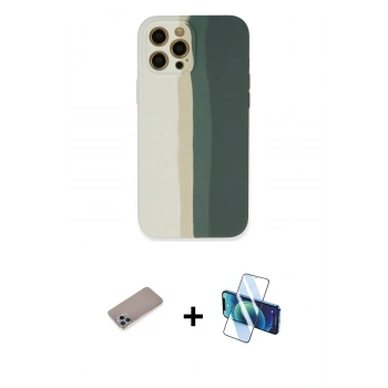 MARSİLYAN™- iPhone 12 Pro Kılıf Yadigar Çizgi - Siyah 3D Antistatik Cam Ekran Koruyucu + Shine Kamera Lens Koruma Cam - SABE