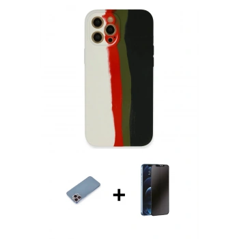 MARSİLYAN™- iPhone 12 Pro Kılıf Yadigar Çizgi - Siyah 3D Antistatik Hayalet Cam Ekran Koruyucu + Shine Kamera Lens Koruma Cam - PE