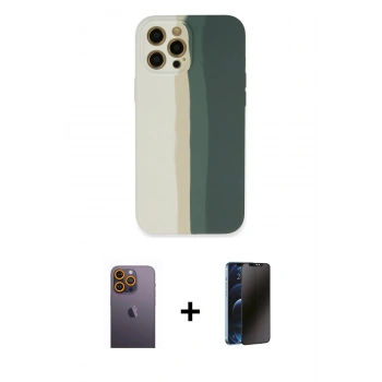 MARSİLYAN™- iPhone 12 Pro Kılıf Yadigar Çizgi - Siyah 3D Antistatik Hayalet Cam Ekran Koruyucu + Neon Fosforlu Kamera Lens - SI