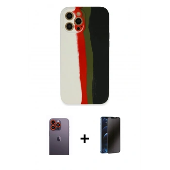 MARSİLYAN™- iPhone 12 Pro Kılıf Yadigar Çizgi - Siyah 3D Antistatik Hayalet Cam Ekran Koruyucu + Neon Fosforlu Kamera Lens - TU