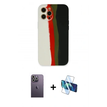 MARSİLYAN™- iPhone 12 Pro Kılıf Yadigar Çizgi - Siyah 3D Antistatik Seramik Nano Ekran Koruyucu + Neon Fosforlu Kamera Lens - BZ