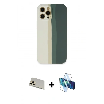 MARSİLYAN™- iPhone 12 Pro Kılıf Yadigar Çizgi - Siyah 3D Antistatik Seramik Nano Ekran Koruyucu + Rainbow Kamera Lens Koruma Cam - GD