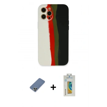 MARSİLYAN™- iPhone 12 Pro Kılıf Yadigar Çizgi - Siyah Polymer Nano Ekran Koruyucu + Metal Kamera Lens Koruma Cam - AKYL