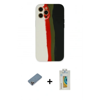 MARSİLYAN™- iPhone 12 Pro Kılıf Yadigar Çizgi - Siyah Polymer Nano Ekran Koruyucu + Metal Kamera Lens Koruma Cam - MR