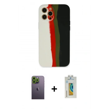 MARSİLYAN™- iPhone 12 Pro Kılıf Yadigar Çizgi - Siyah Polymer Nano Ekran Koruyucu + Neon Fosforlu Kamera Lens - YL